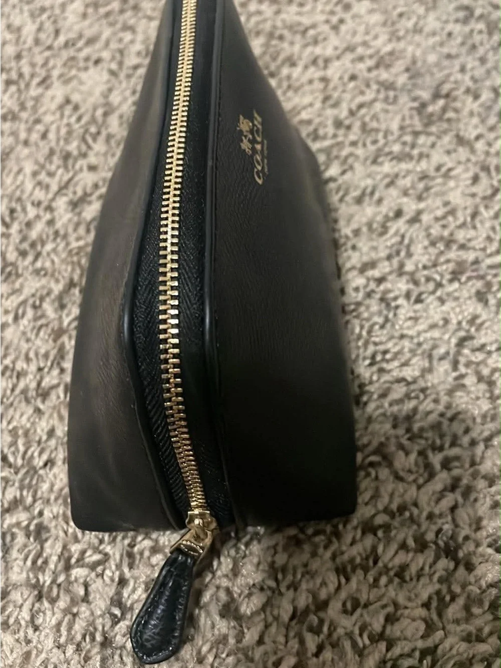 Coach Black Leather Double Zip Cosmetic Pouch with Gold Logo